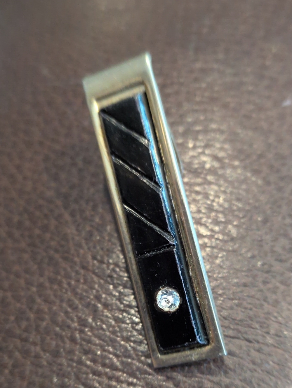 Men's Black and Silver Tie Clip with Black Inlay and Accent Stone